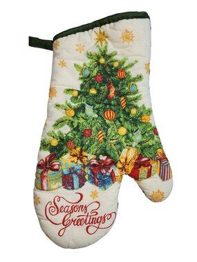 Christmas Tree Glittery Seasons Greetings Oven Mitt Green Back Holiday Seasonal